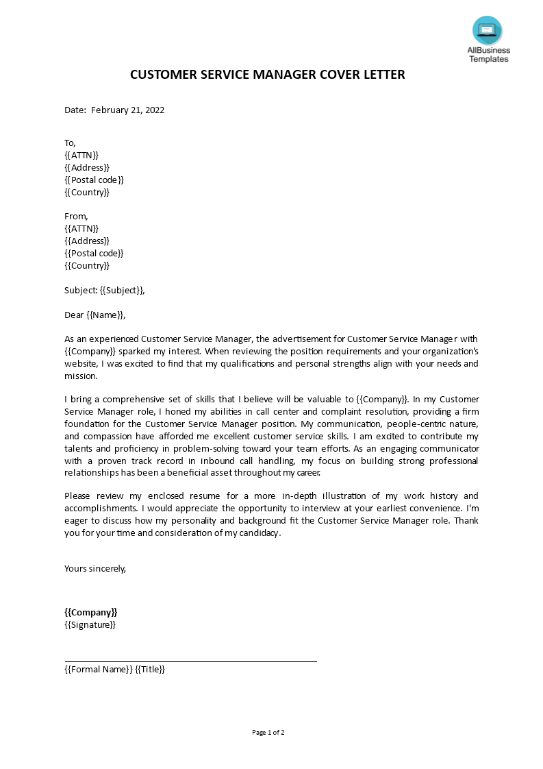 customer service manager cover letter Hauptschablonenbild