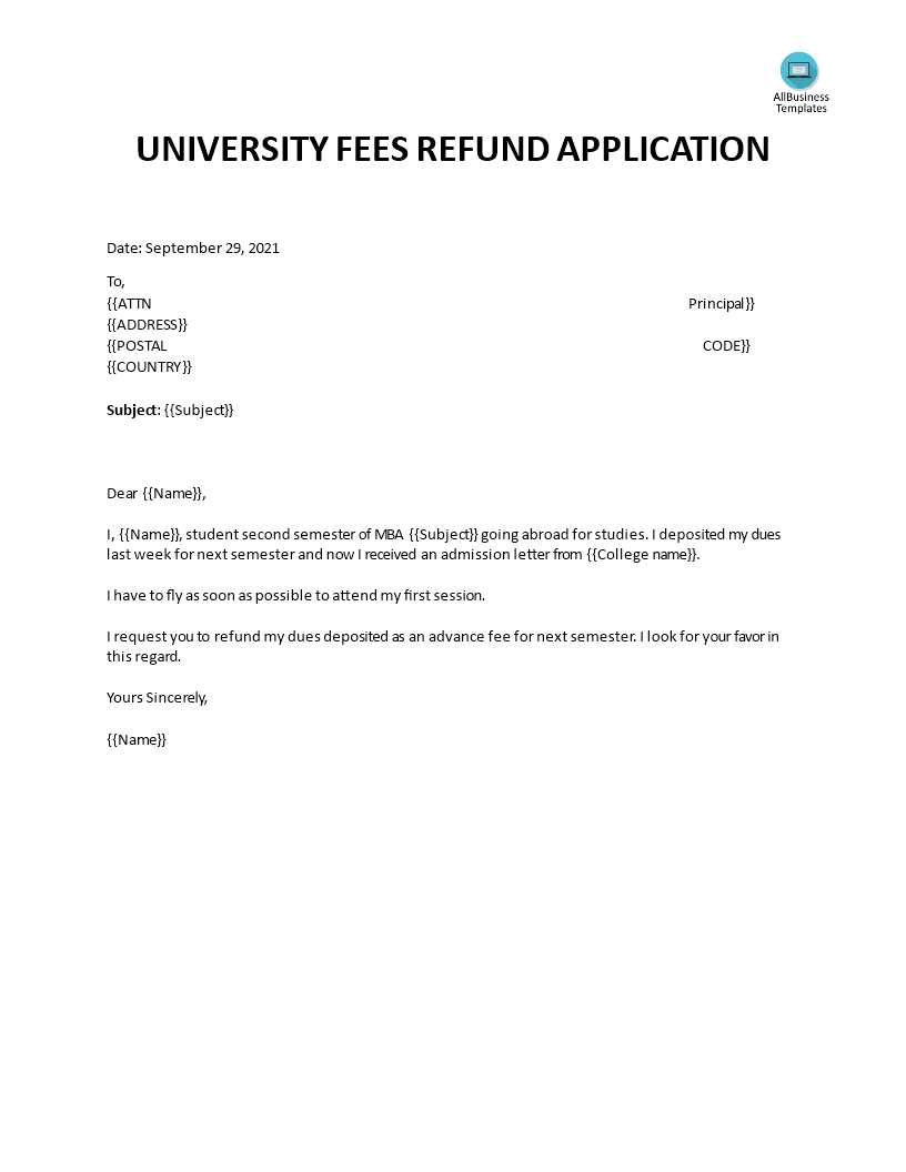 fee refund application template