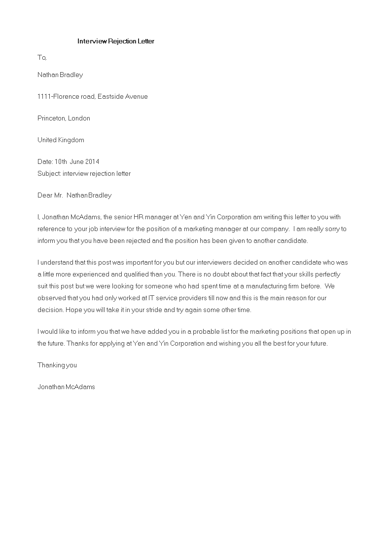 letter to reject job interview template