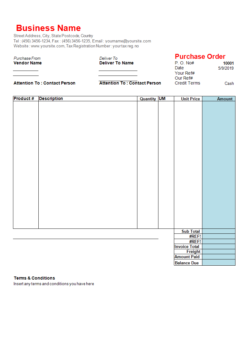 Purchase Order worksheet 模板