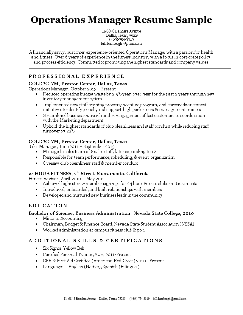 operations manager resume template modèles