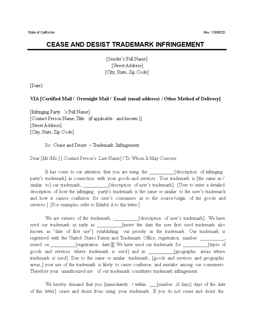 Updated Cease And Desist Trademark Infringement 模板