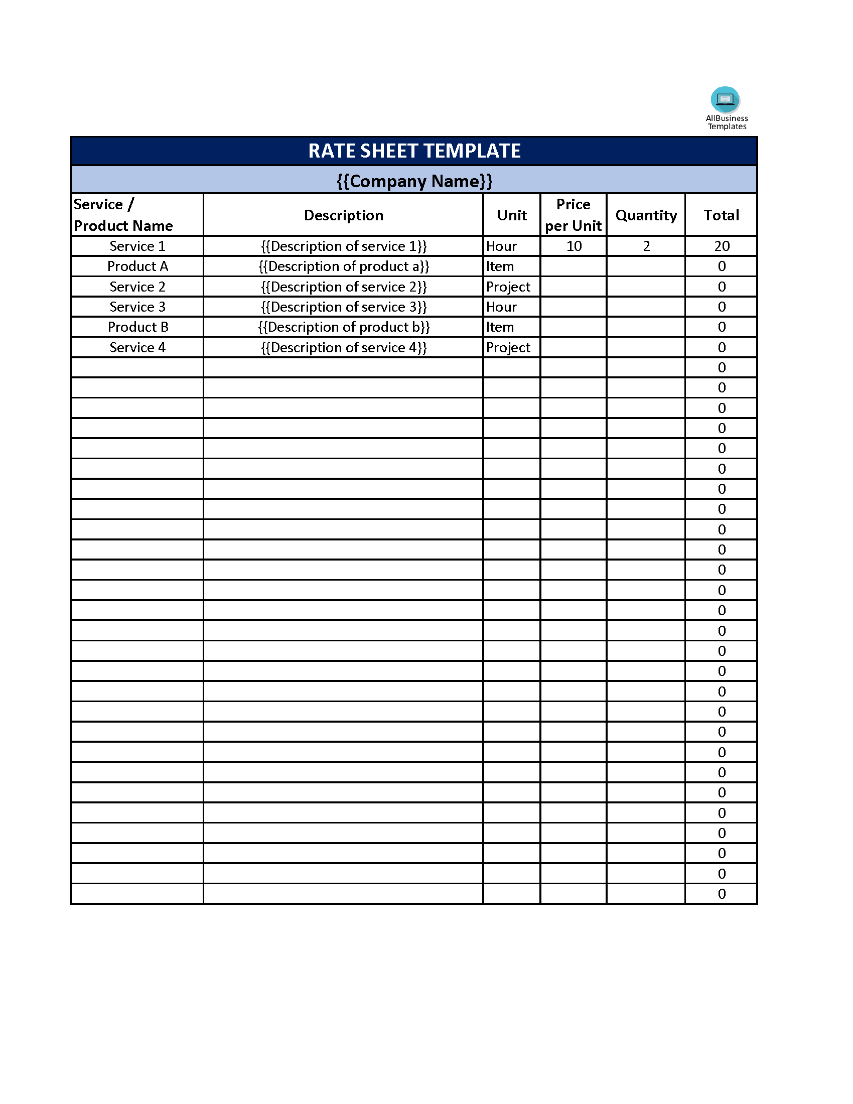 rate sheet template plantilla imagen principal