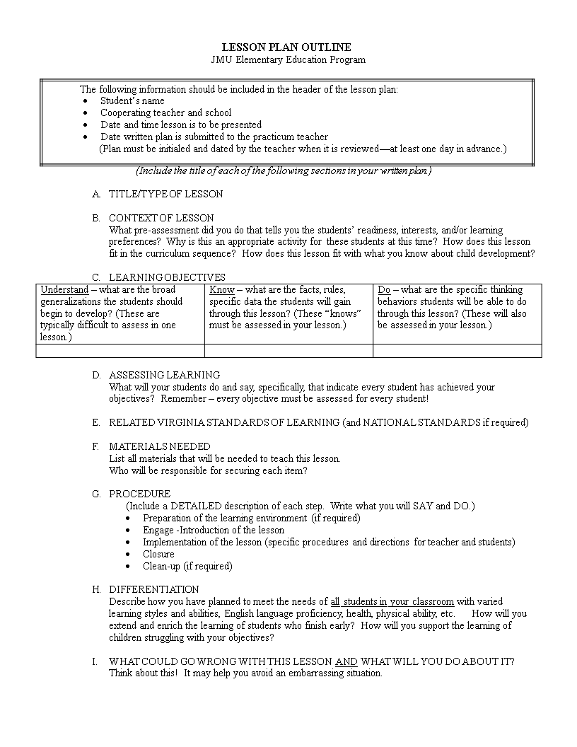 elementary lesson plan outline template