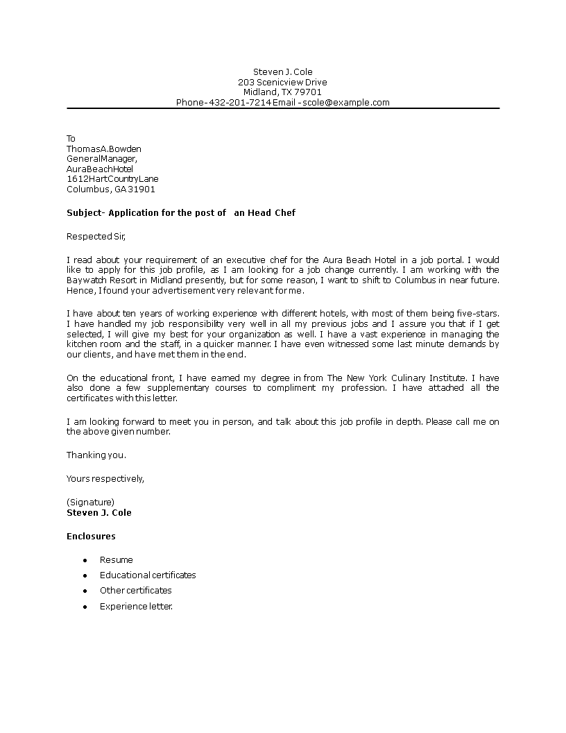 Head Chef Position Cover Letter main image