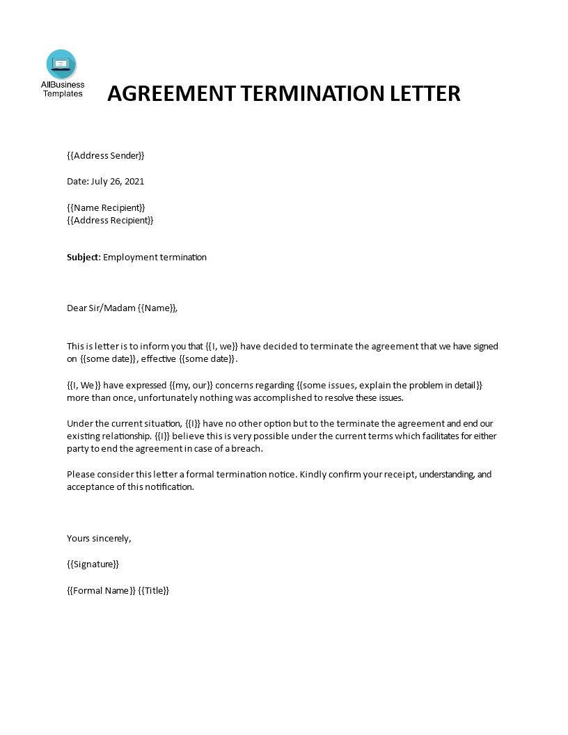 Employment Agreement Termination letter 模板
