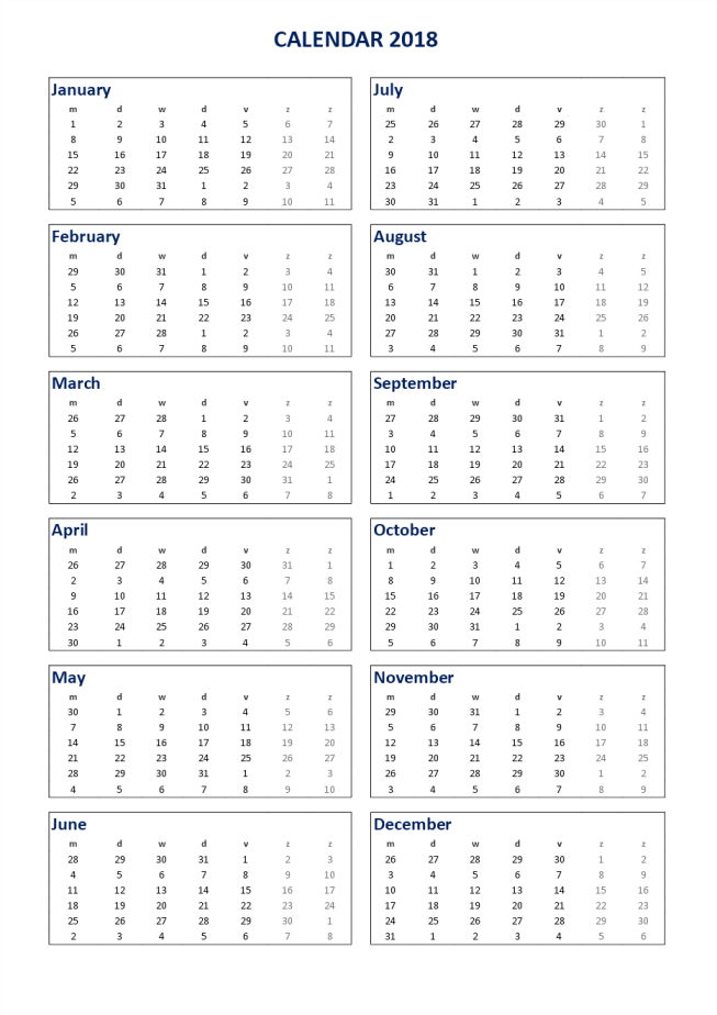 template topic preview image 2018 Calendar Excel A3 portrait