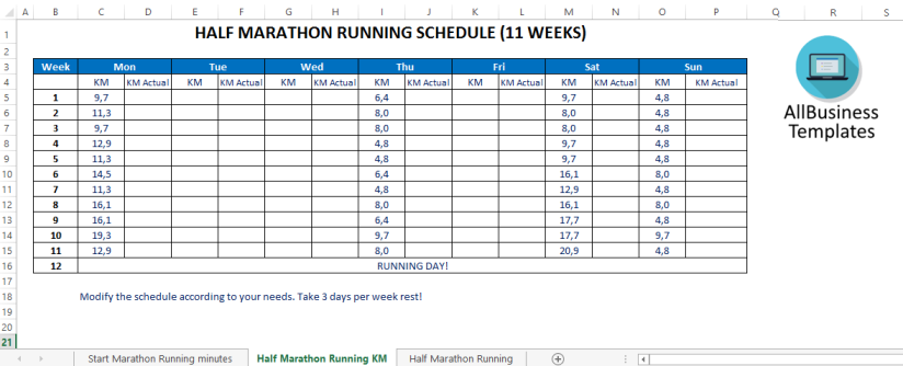template topic preview image Half marathon training plan (km)