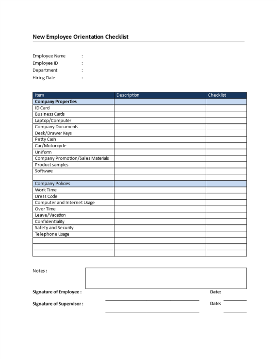 New Employee Orientation Checklist gratis en premium templates