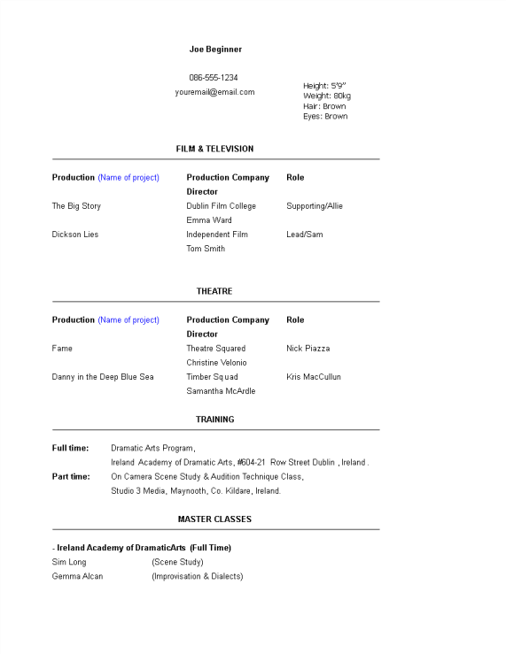 template topic preview image Beginner Acting Resume template