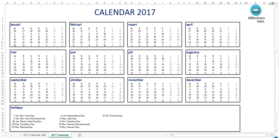 template topic preview image 2017 Calendar Excel A4 size