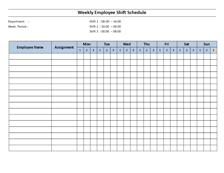 template topic preview image Weekly employee 8 hour shift schedule Mon to Sun