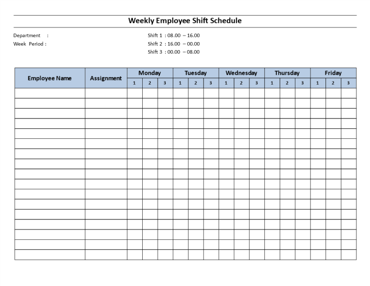 template topic preview image Weekly employee 8 hour shift schedule Mon to Fri