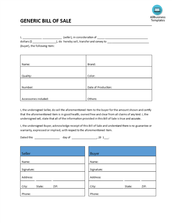 template topic preview image Bill of Sale Generic Form