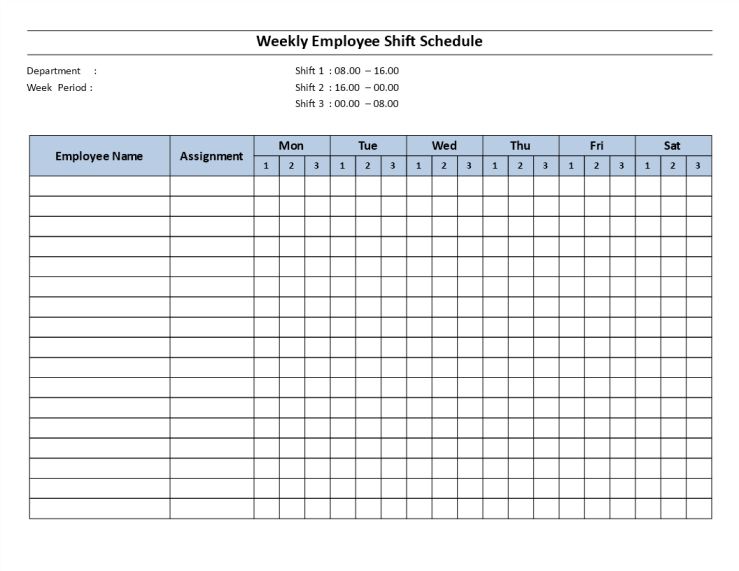 template topic preview image Weekly employee 8 hour shift schedule Mon to Sat