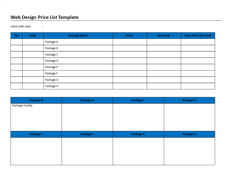 Webdesign Pricelist sheet template gratis en premium templates