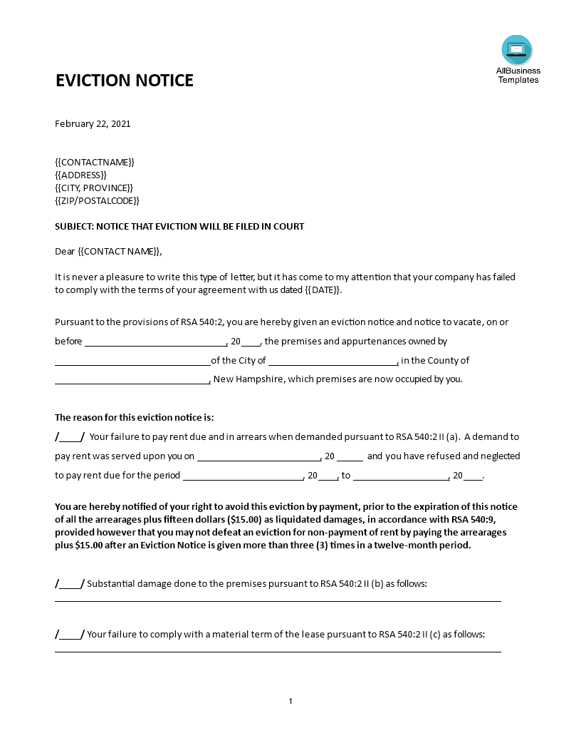 eviction notice letter template