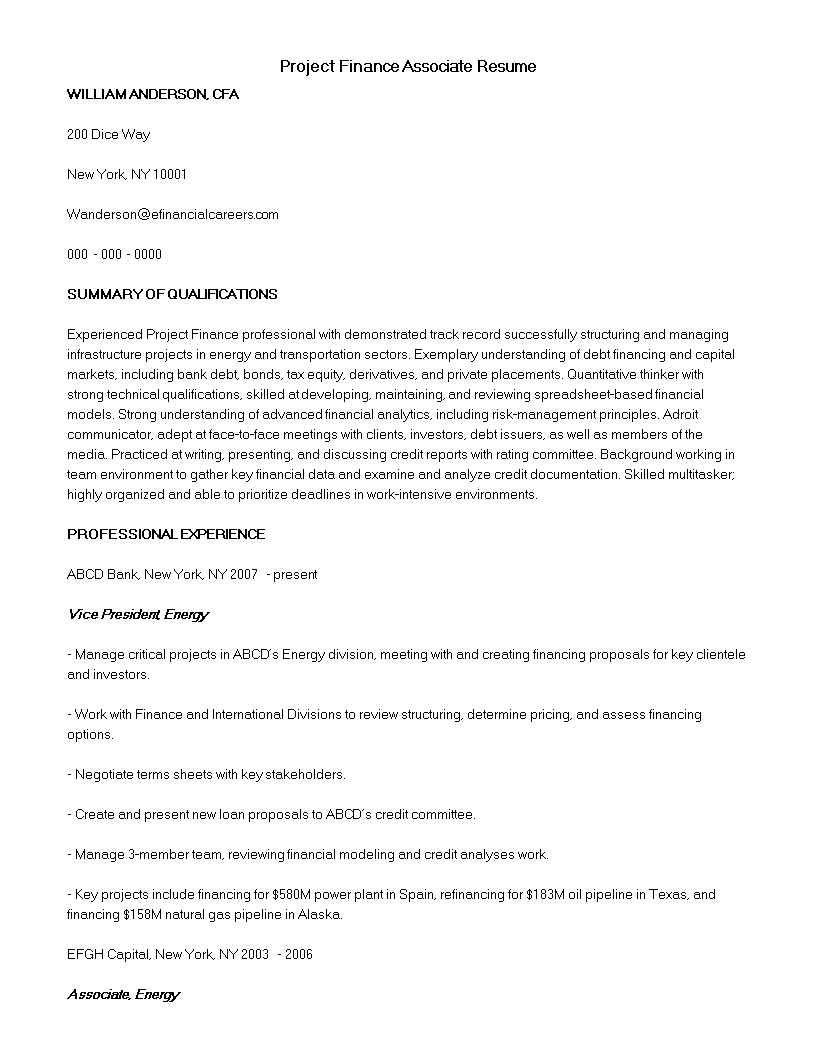 project finance associate resume sample template