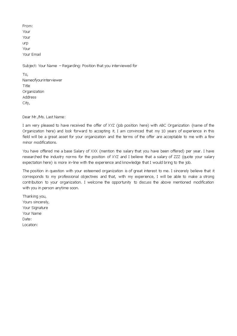 salary negotiation counter offer letter template