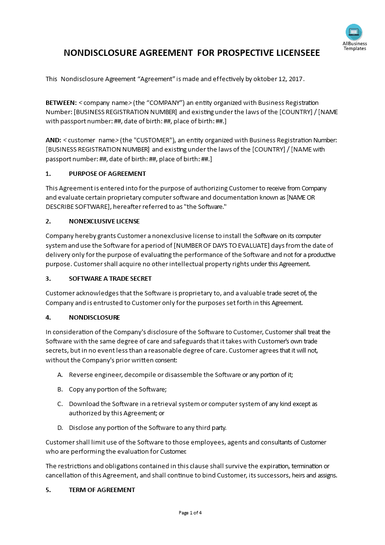 non disclosure agreement for prospective licensee template