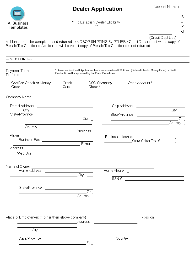 drop shipping dealer application form template