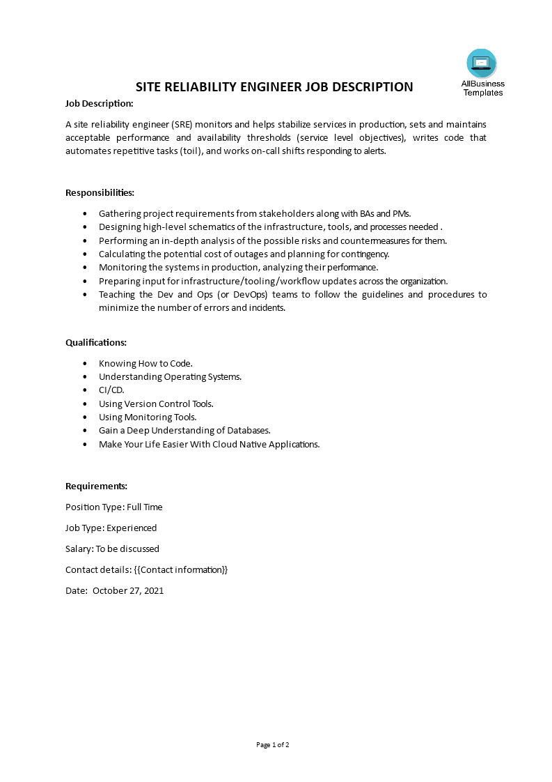 site reliability engineer job description template