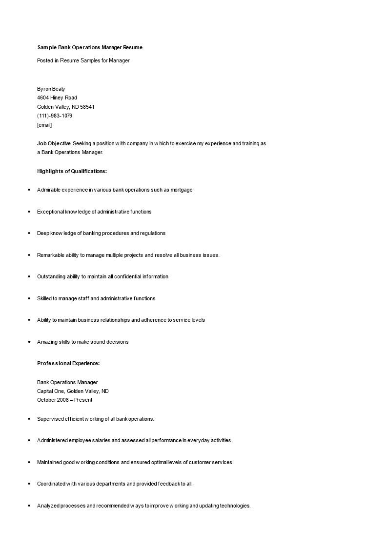 Bank Operations Manager Resume main image