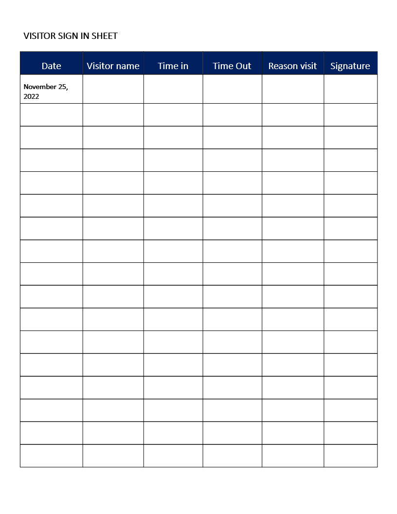 Blank Visitor Sign In Sheet main image