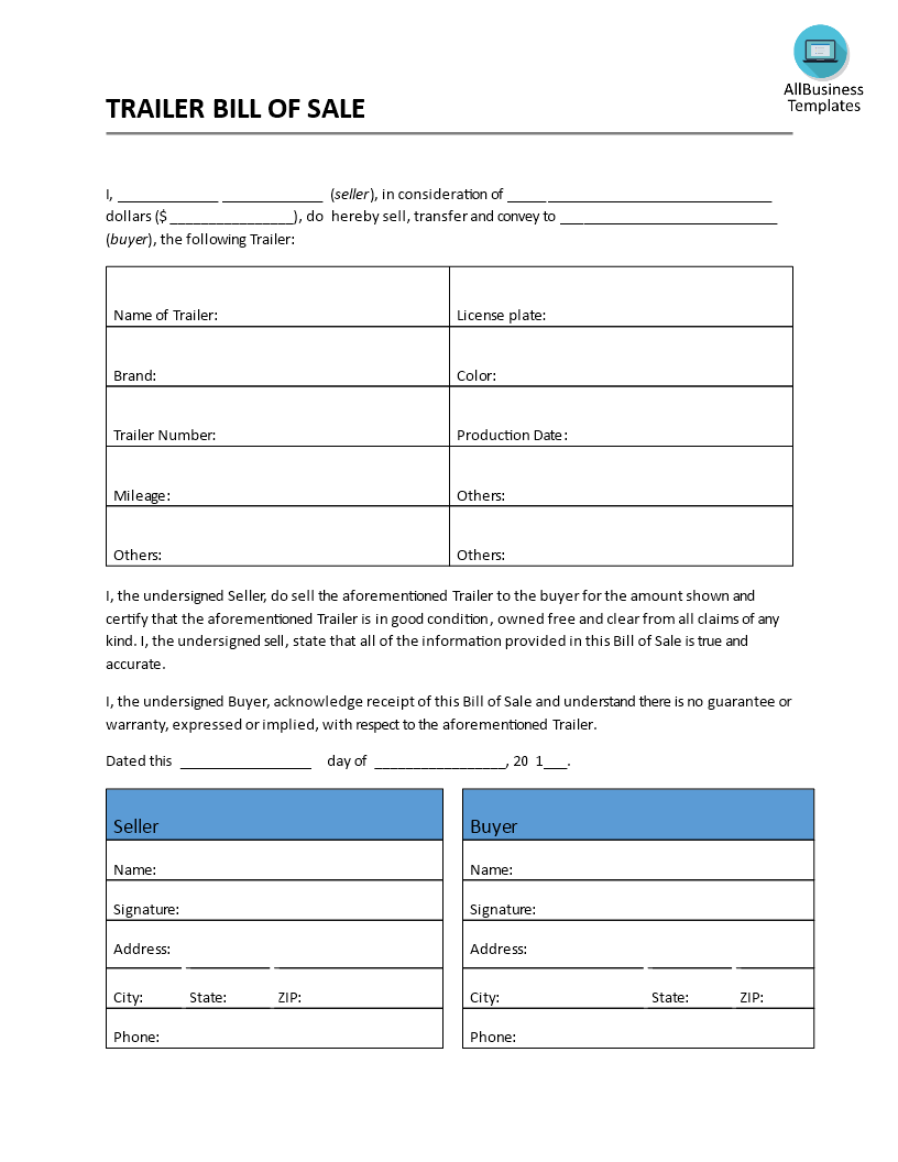 bill of sale template for trailer template