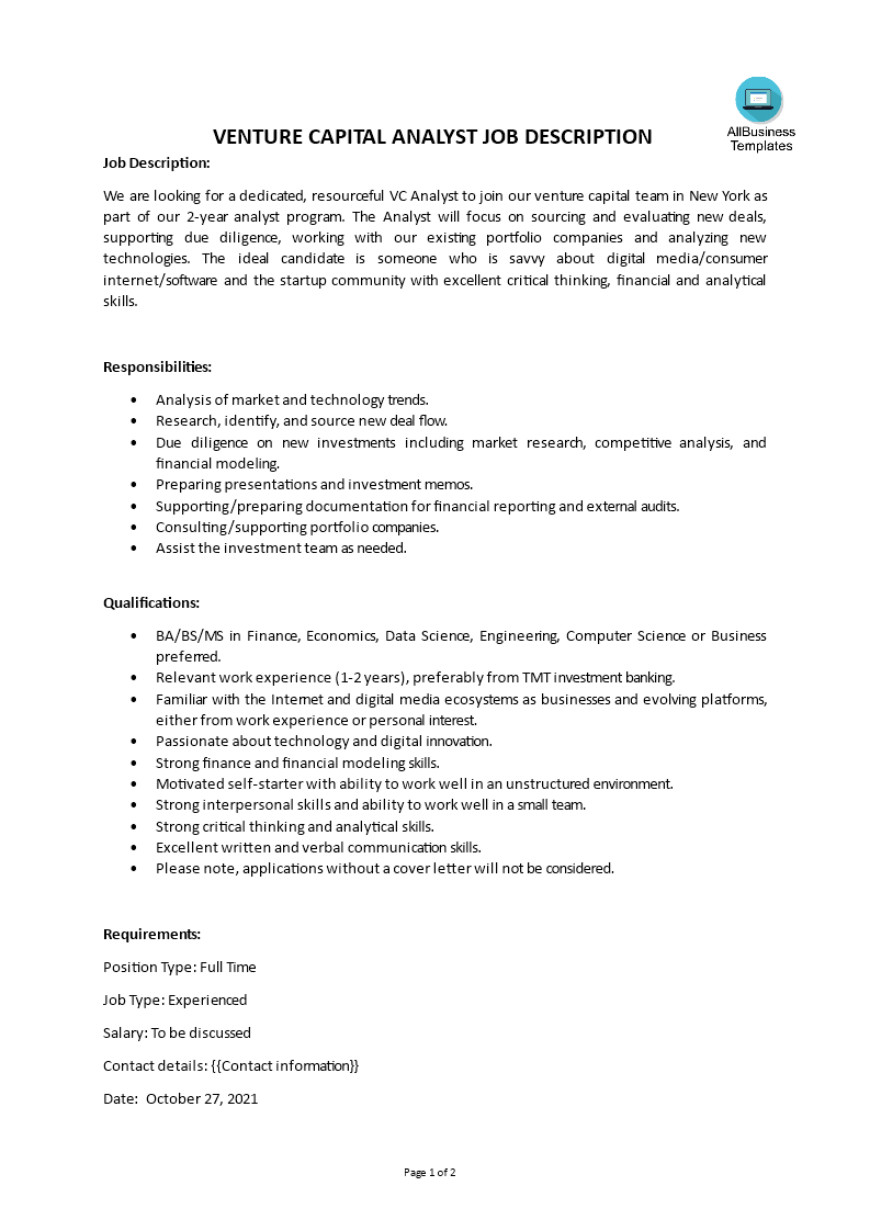venture capital analyst job description template