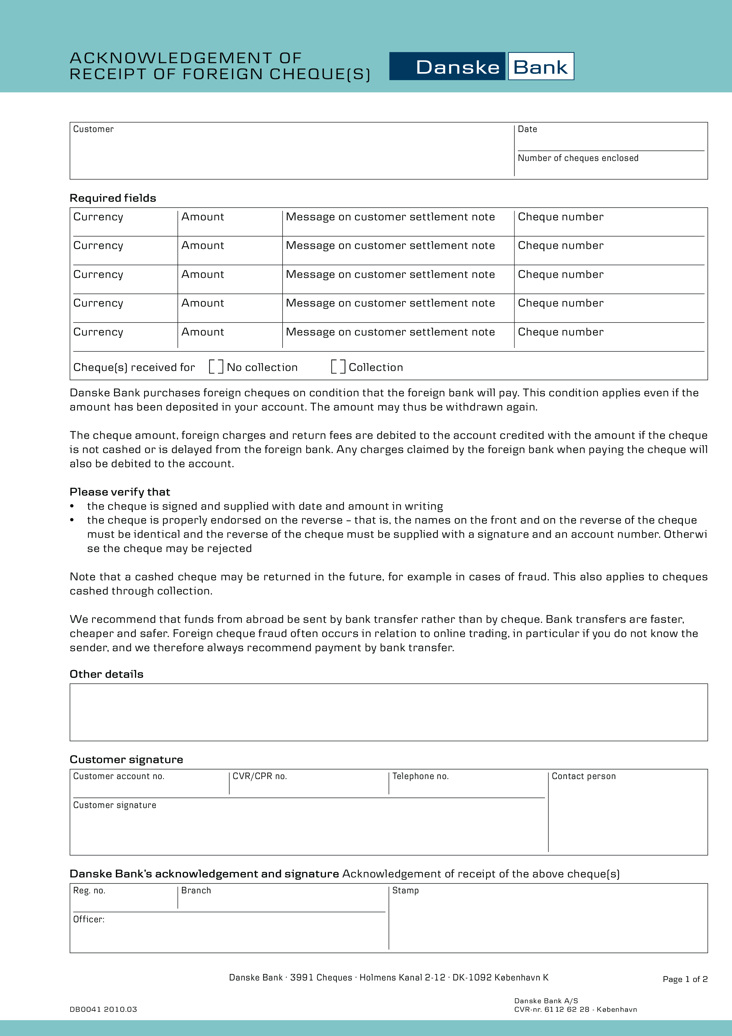 cheque acknowledgement template
