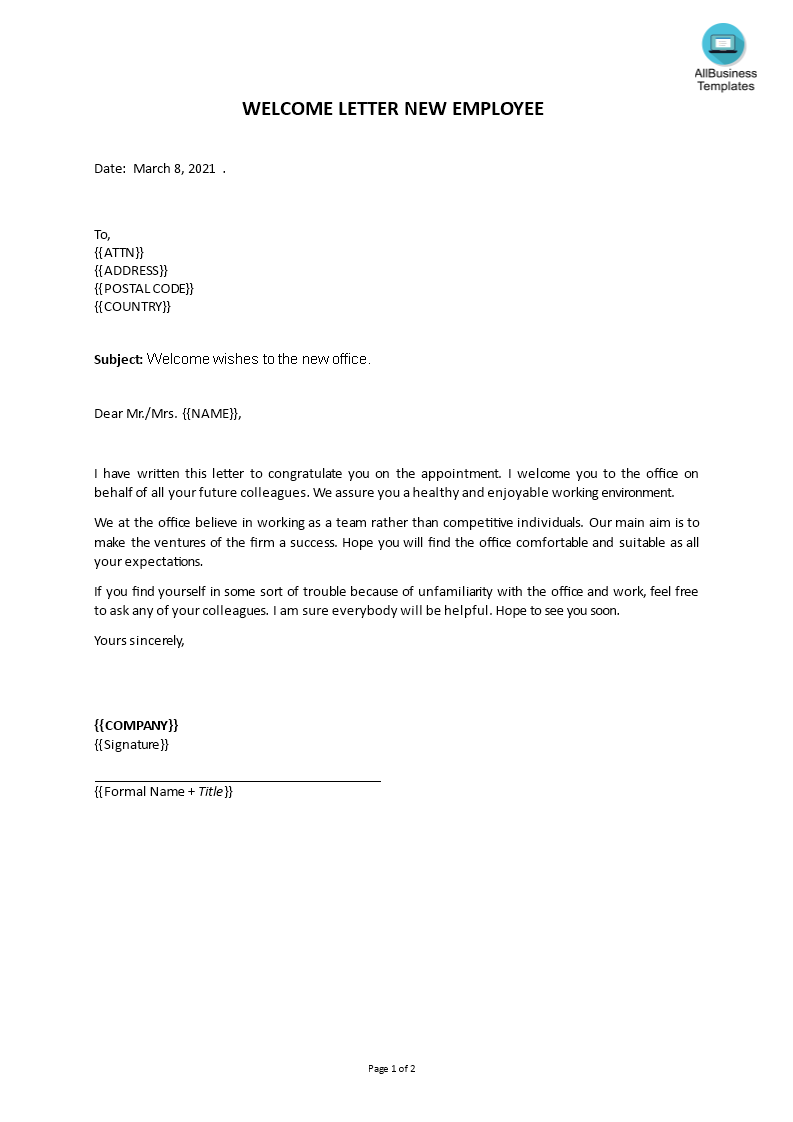 welcome letter new employee template