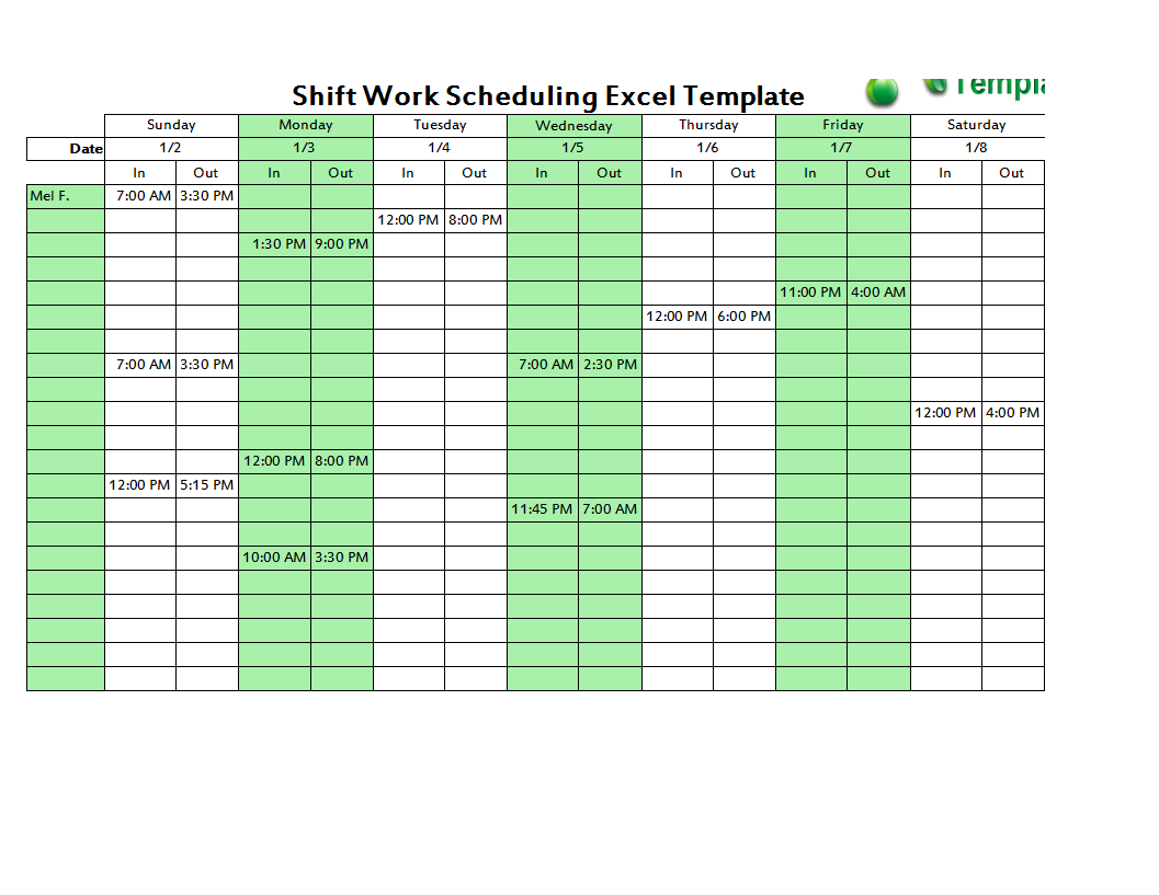 Dupont Schedule spreadsheet main image
