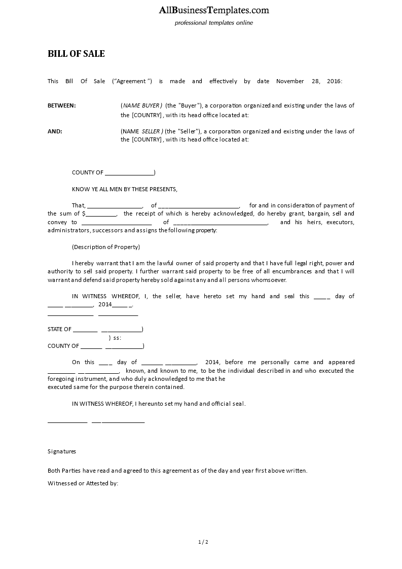 bill of sale word template template