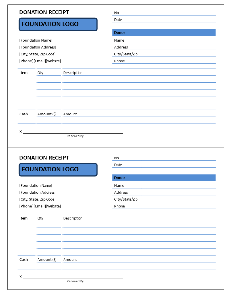 donation receipt cash and items template