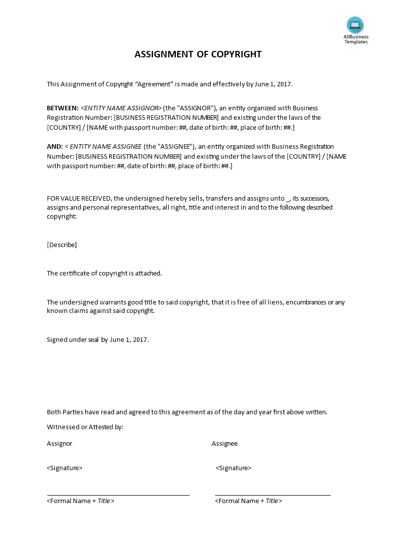 assignment of copyright letter template