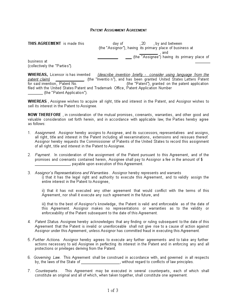 Patent Assignment Agreement Sample main image
