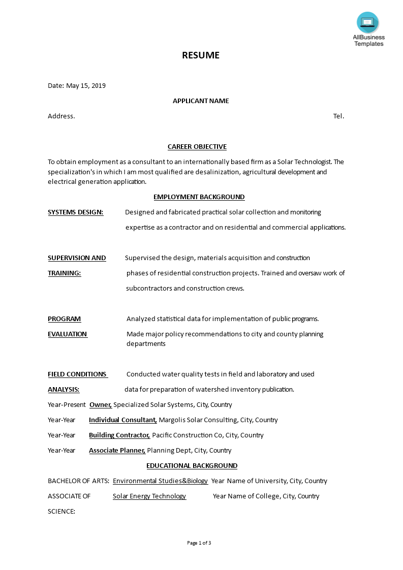 solar technologist functional format resume template