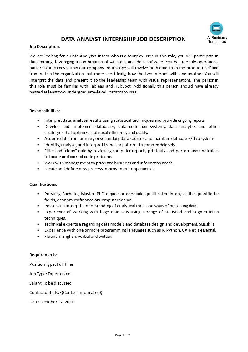 data analyst internship job description voorbeeld afbeelding 