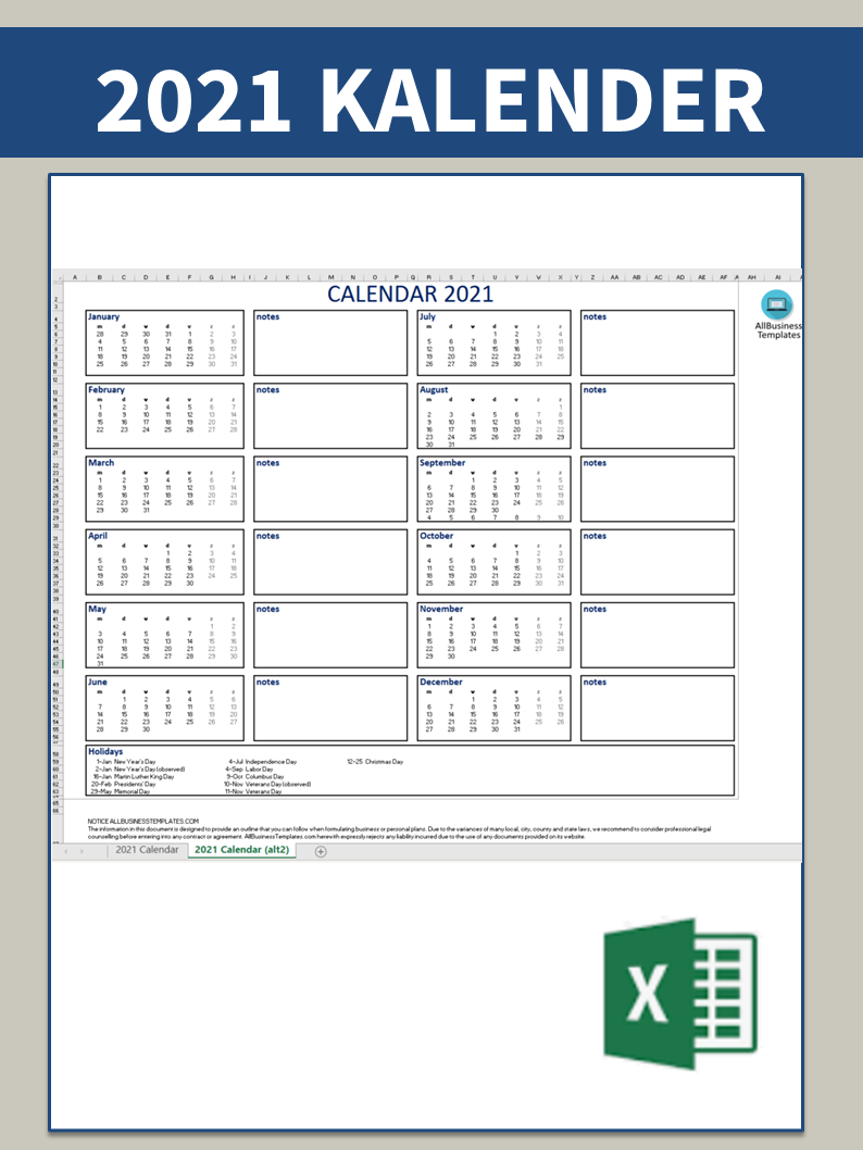 Kalender 2021 Excel main image