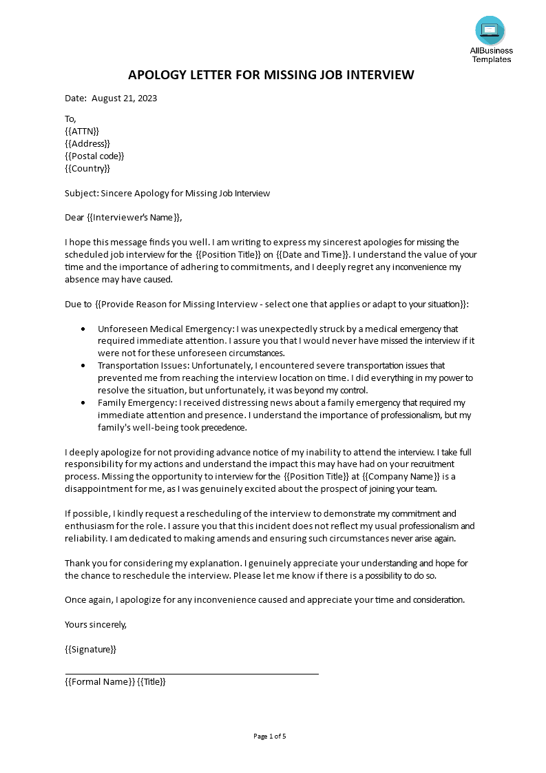 apology letter for not attending job interview template