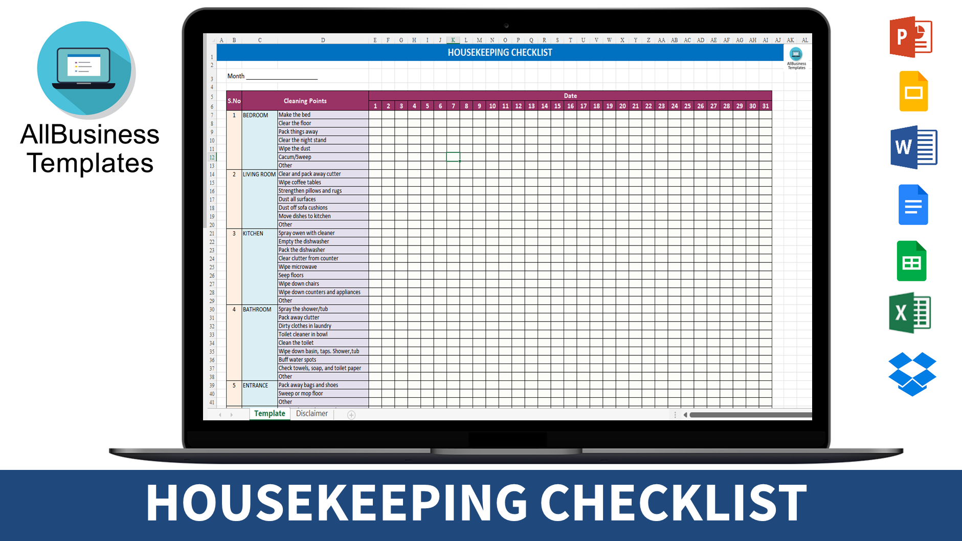 Housekeeping Checklist Excel 模板