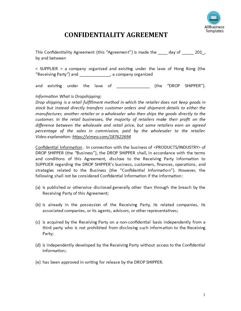 confidentiality agreement drop shipping retailer template