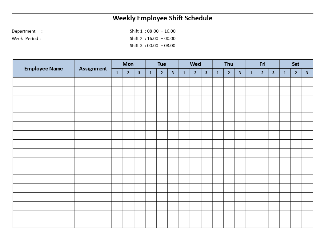 weekly employee 8 hour shift schedule mon to sat template