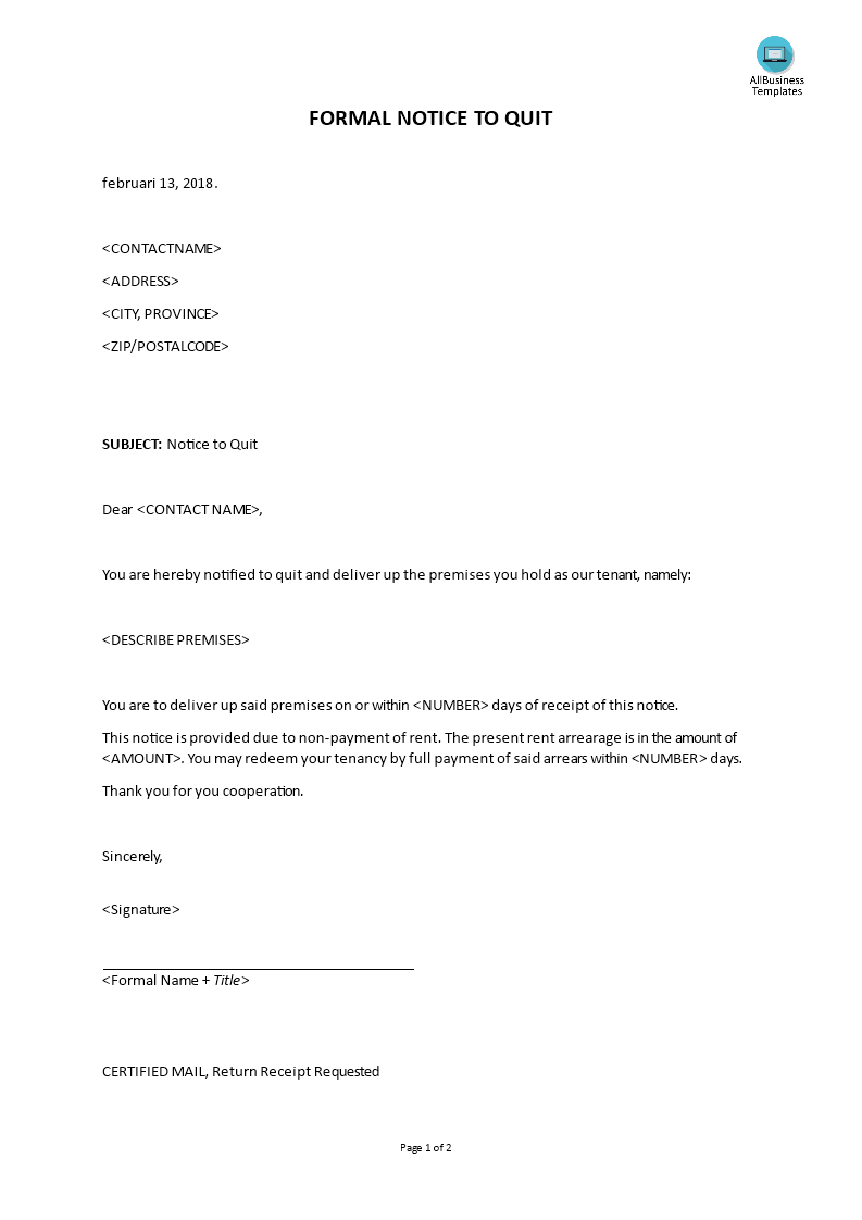 formal letter notice to quit for non-payment rent modèles