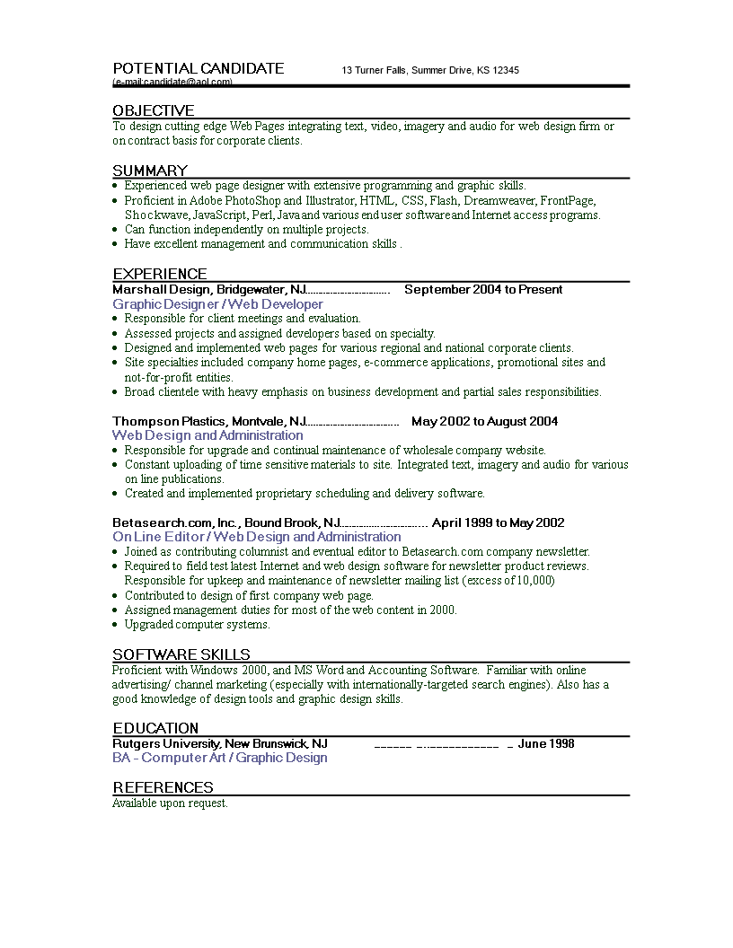 web designer fresher resume template