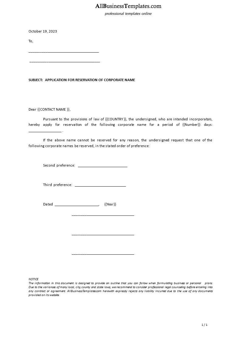 application letter register corporate name template Hauptschablonenbild