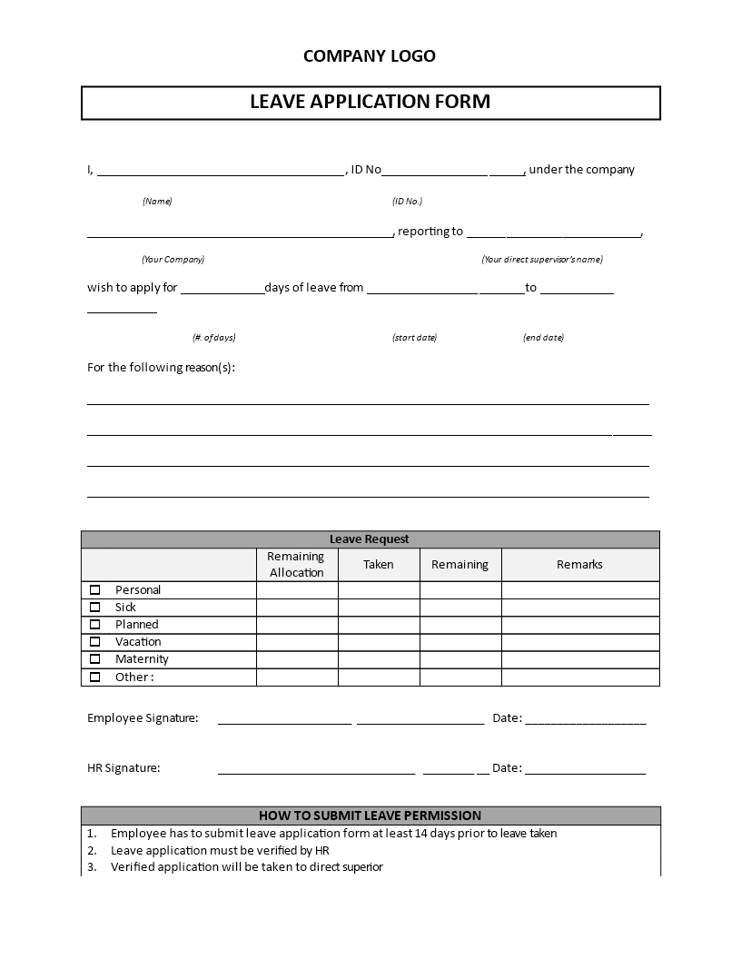 leave application form template template