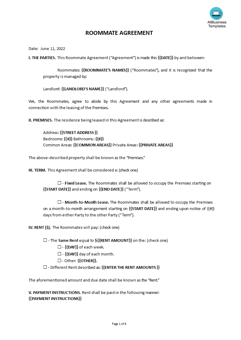 roommate contract template