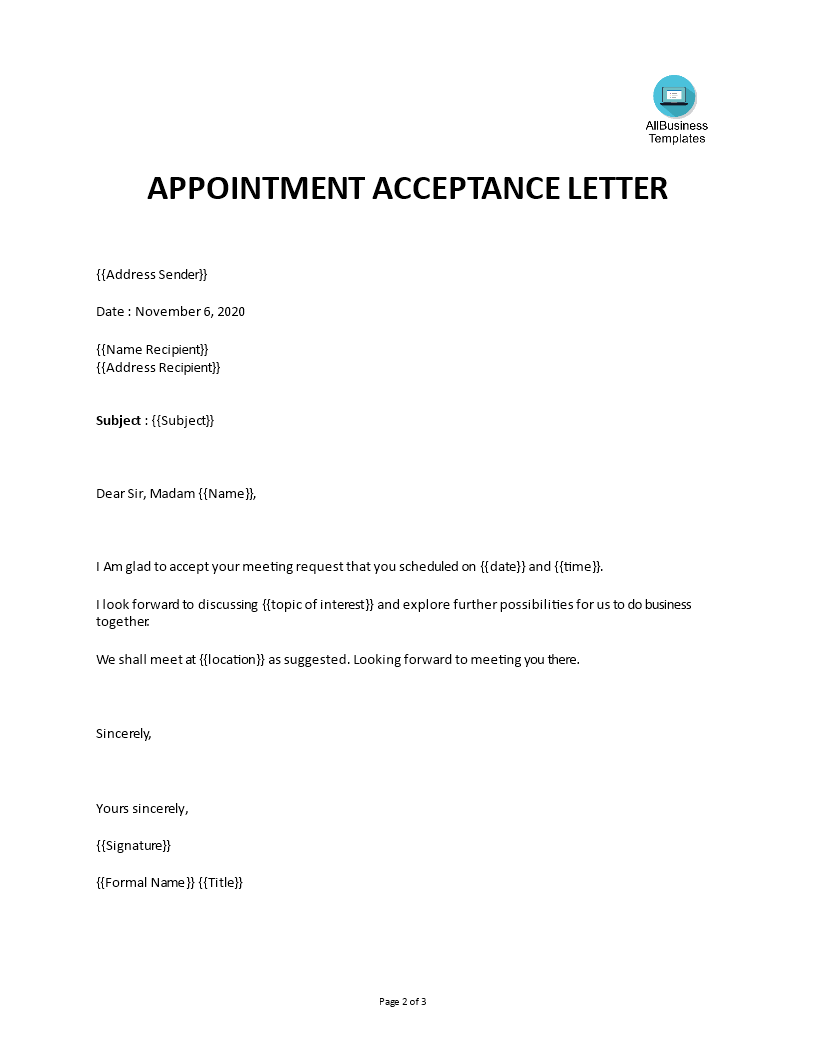 appointment acceptance letter template